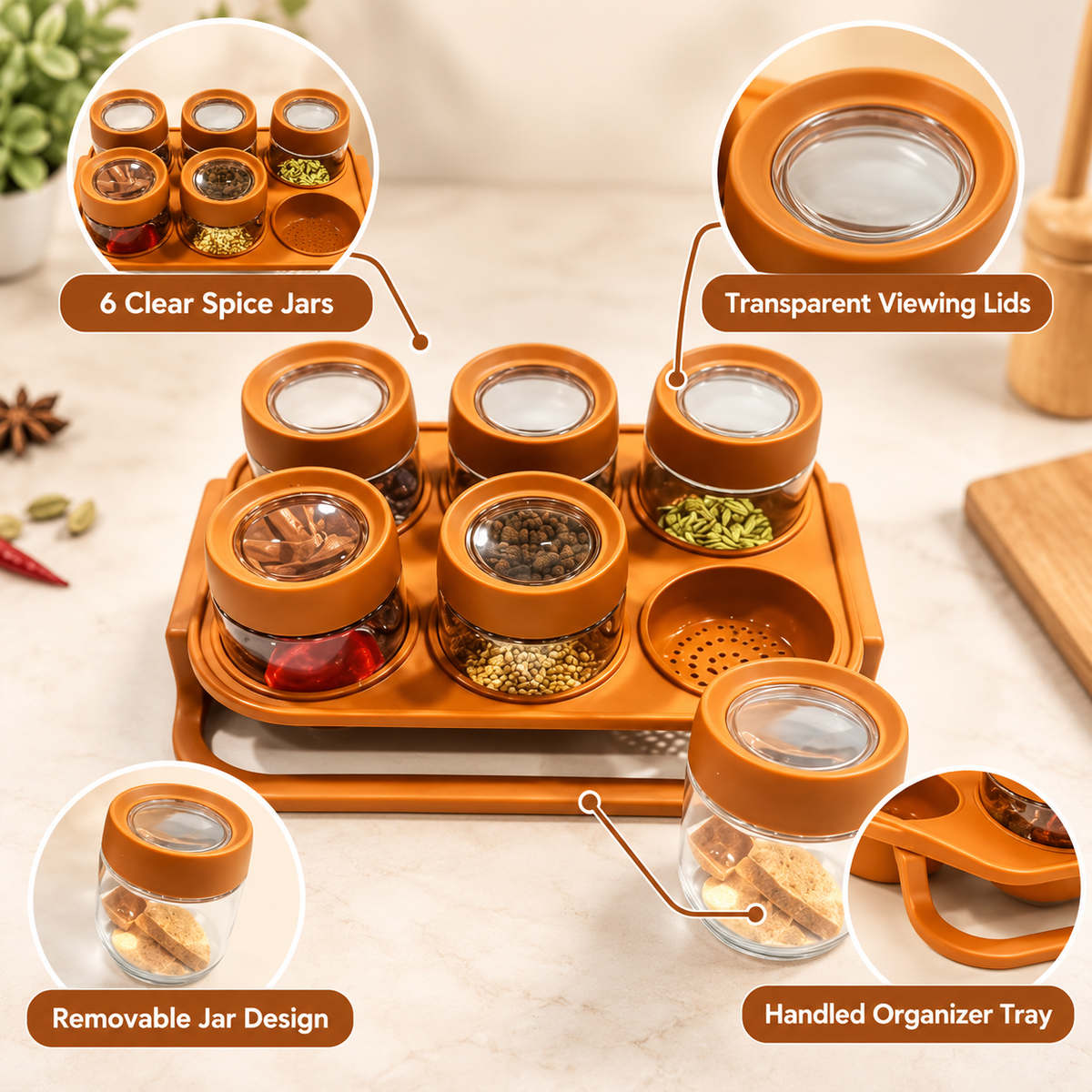 6-Piece Spice Jar Set with Handled Organizer Tray feature details