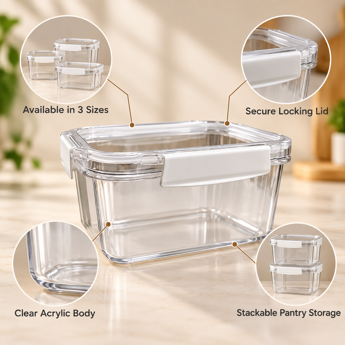 Clear Acrylic Airtight Food Storage Container with Locking Lid feature details