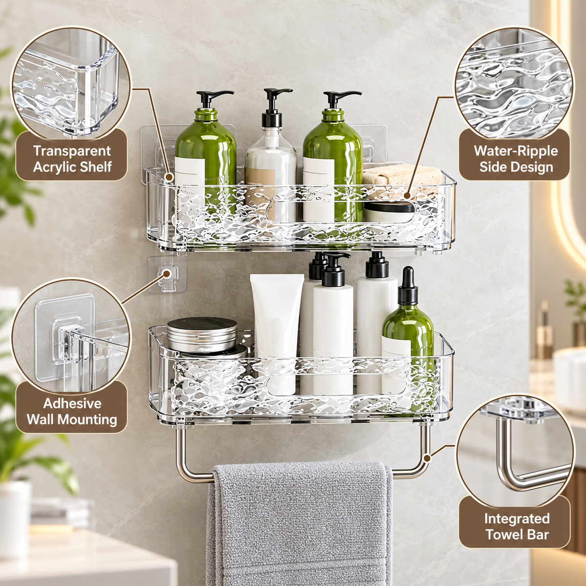 Adhesive Wall-Mounted Acrylic Bathroom Shelf with Towel Bar feature details