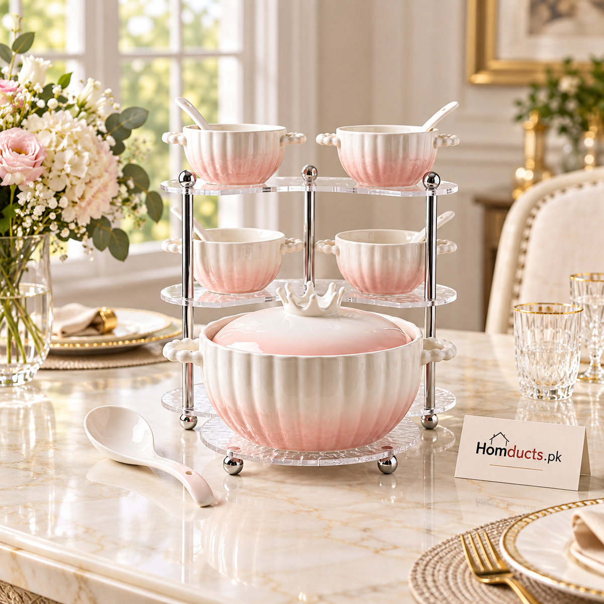 Pink Ombre Soup Set with Stand – 16 Pieces