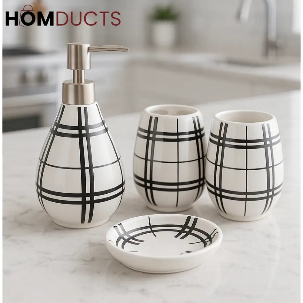 Plaid Elegance Ceramic Bathroom Set – 4 Pcs