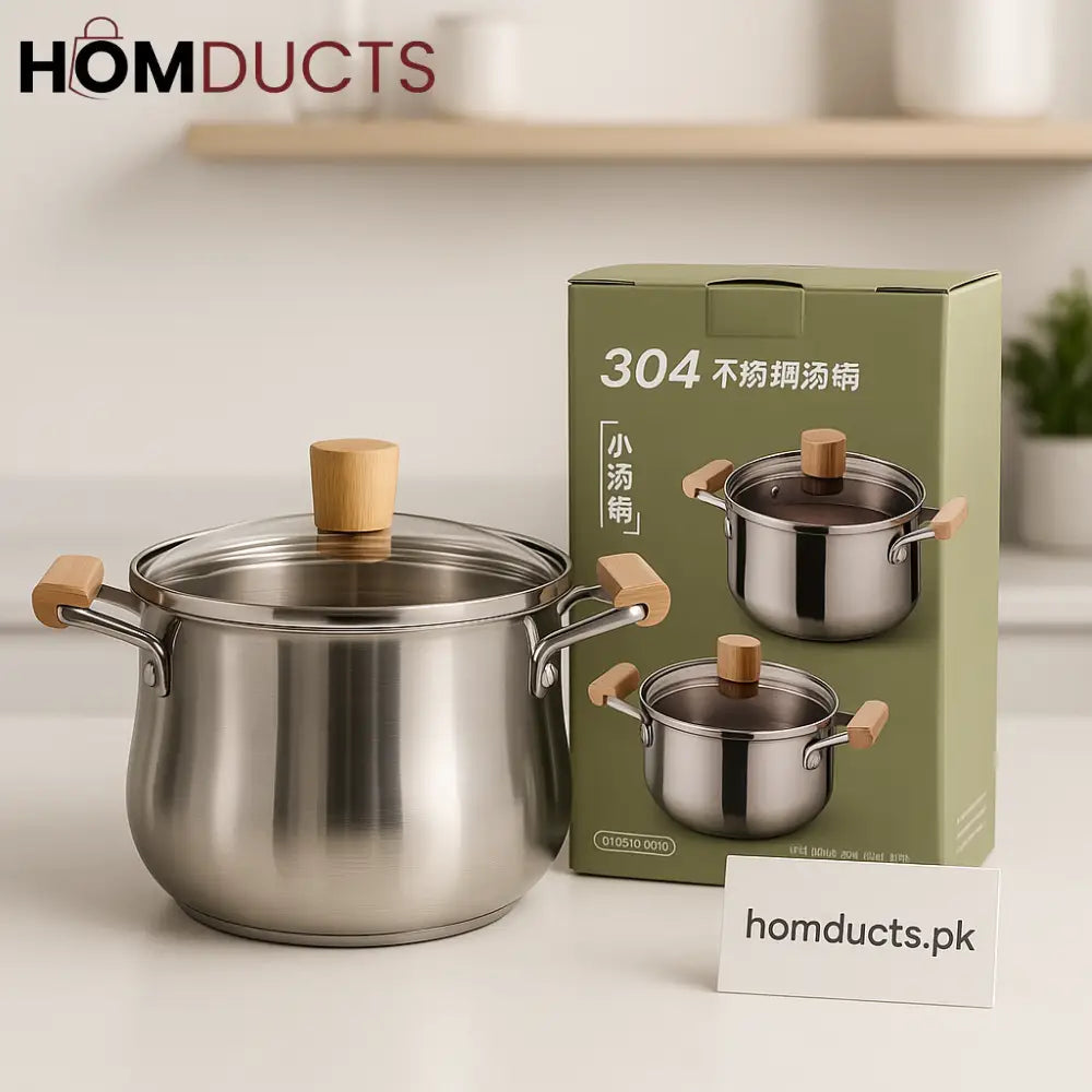 Premium 304 Stainless Steel Cooking Pot with Wooden Handles & Glass Lid