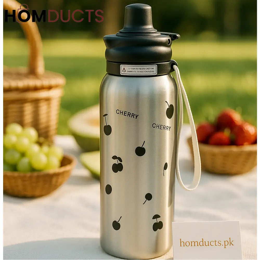 Premium Cherry Pattern Stainless Steel Vacuum Bottle – 620ml