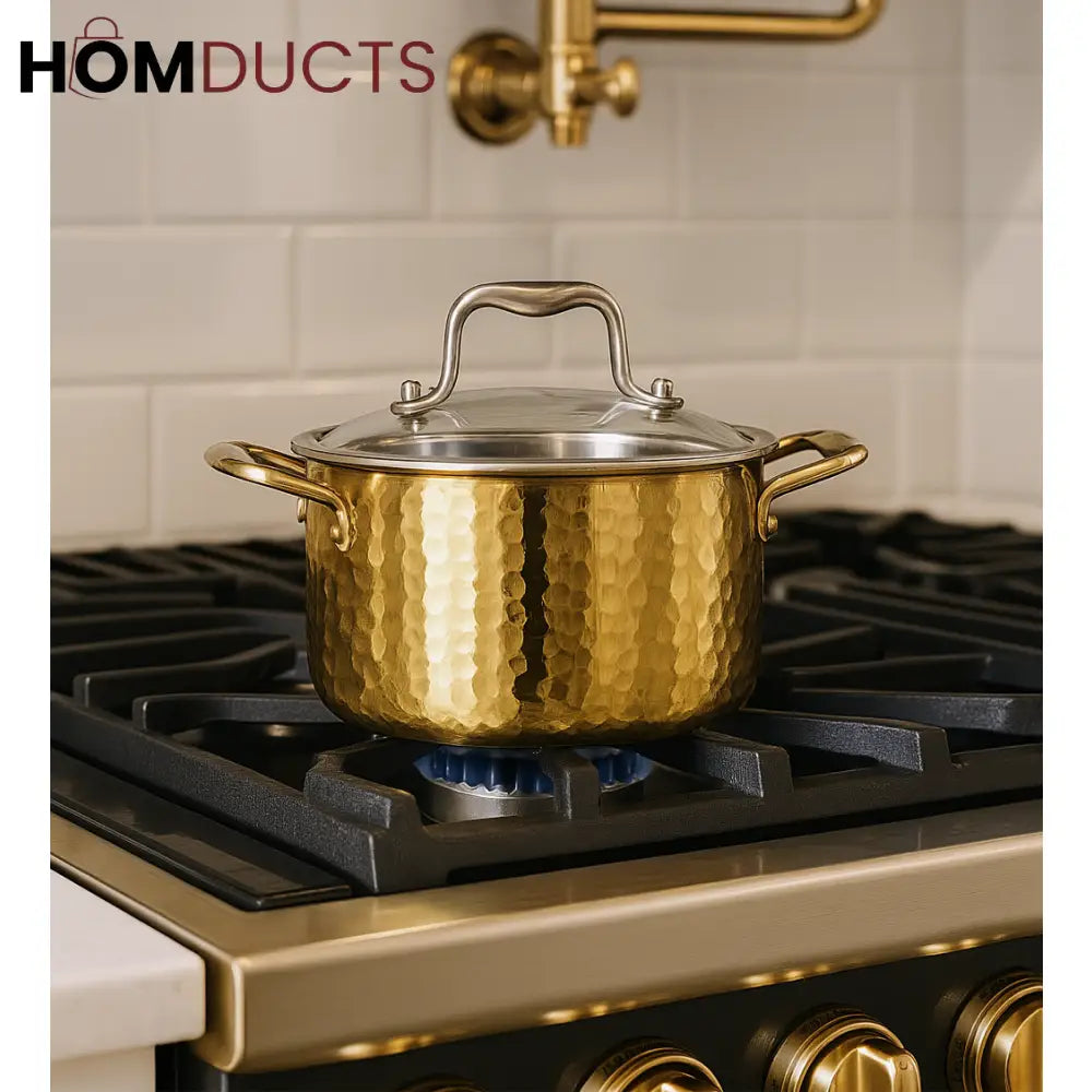 Premium Gold Hammered Stainless Steel Cooking Pot with Glass Lid