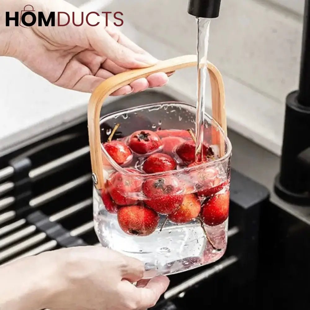 Premium Pyrex Square Glass Bucket with Bamboo Handle - Multi-Purpose Ice Bucket Flower Vase or Utensil Holder