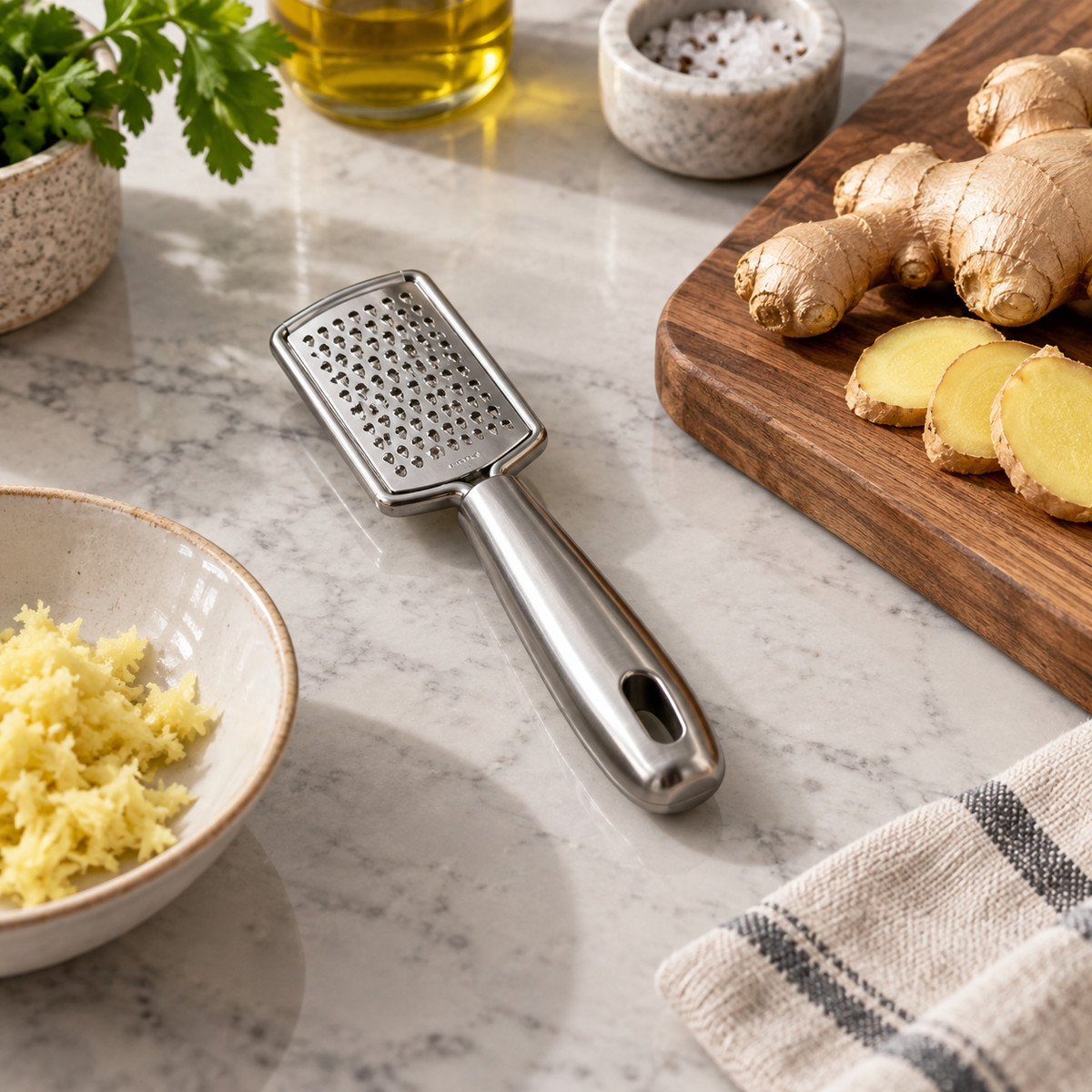 Prestige handheld ginger peeler grater in a premium kitchen