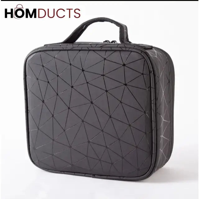 Black geometric-pattern PU cosmetic organizer bag with carry handle