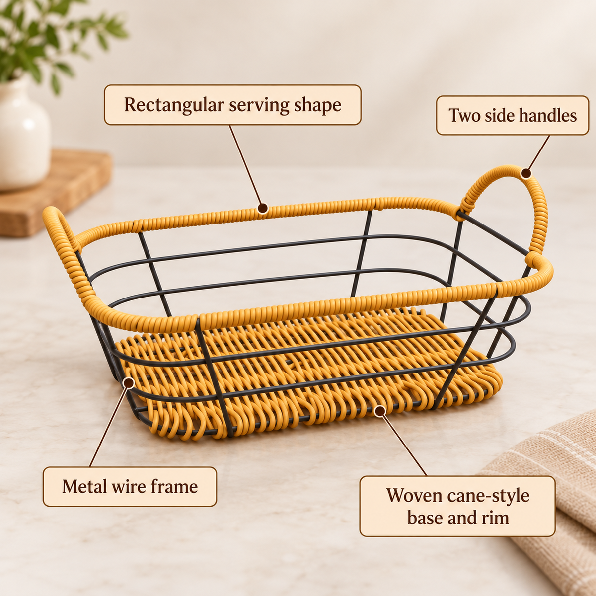 Rectangular Cane-Style Roti Serving Basket feature infographic