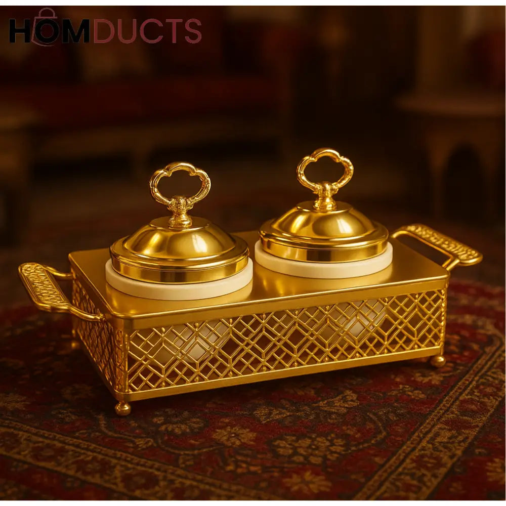 Regal Twin Golden Serving Bowl Set with Ornate Handles – Luxury Condiment Server