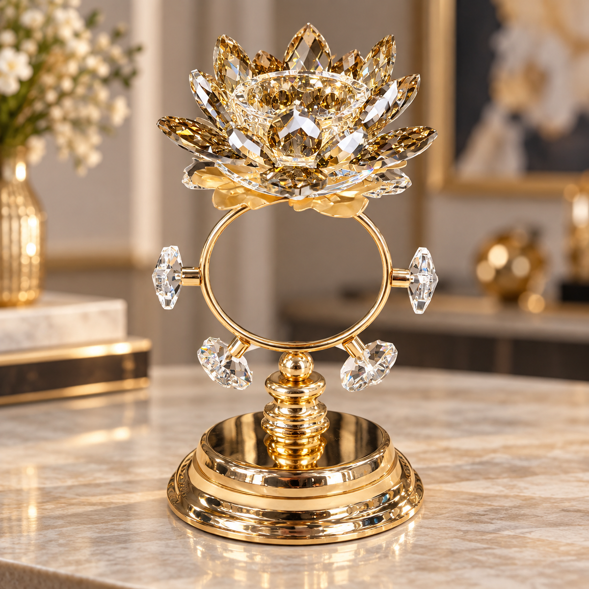 Gold ring crystal lotus candle holder
