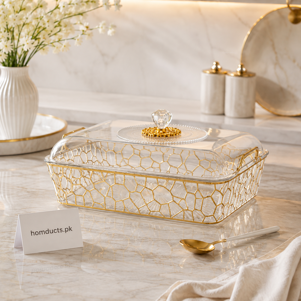 Acrylic Rectangular dish with lid-luxury Gold design serving and storage dish