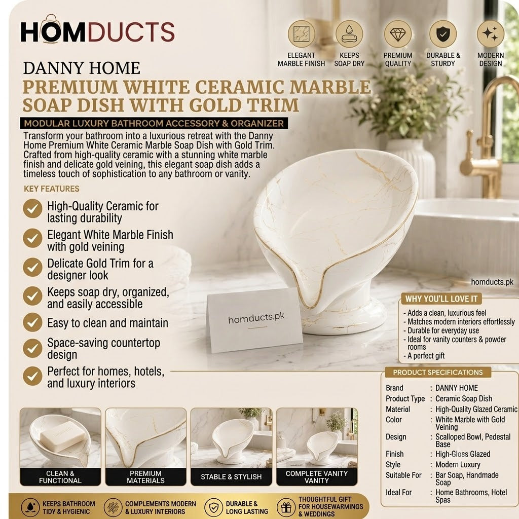 Danny Home Premium White Ceramic Marble Soap Dish with Gold Trim – Elegant Bathroom Accessory