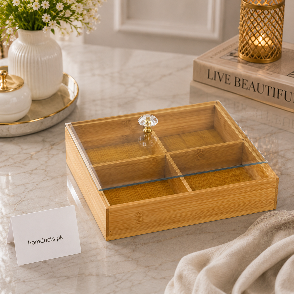 4 Grid Bamboo Dry Fruits Box with Transparent Lid – Premium Snack Organizer
