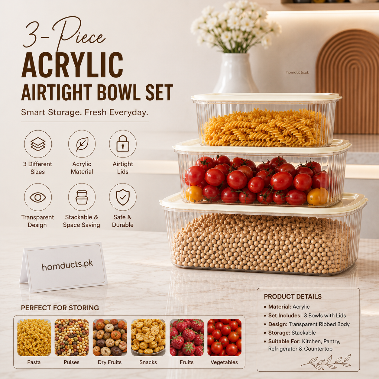 3-piece Acrylic Airtight Bowl set-Transparent Food storage Containers with Lids