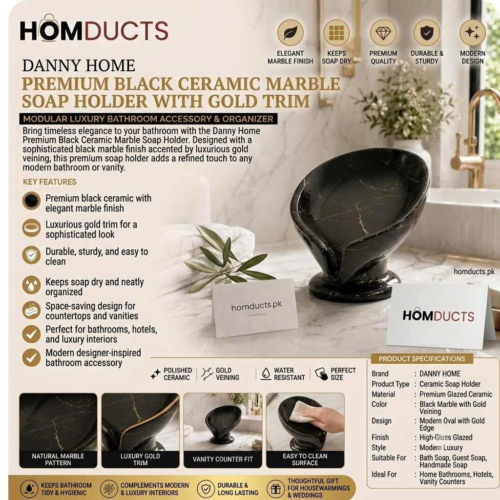 Danny Home Premium Black Ceramic Marble Soap Dish with Gold Trim โ Elegant Bathroom Accessory