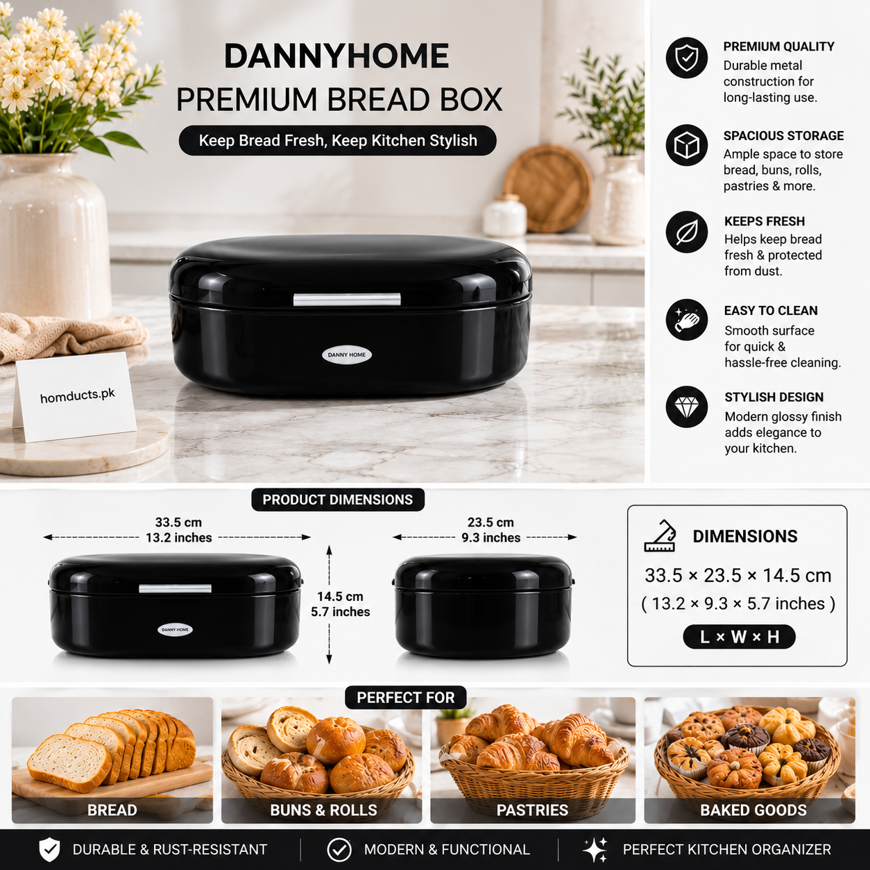 Danny Home Premium Red Metal Bread Box with Lid | Modern Kitchen Bread Storage Container-Black