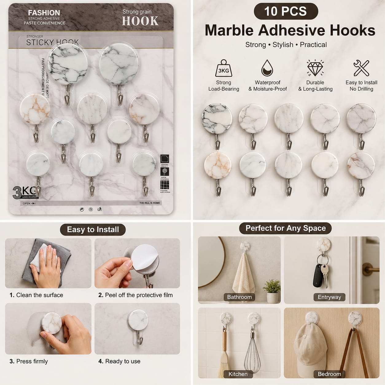 10-Piece Marble Design Self-Adhesive Wall Hooks | Heavy Duty Plastic Sticky Hooks for Bathroom, Kitchen & Home Organization