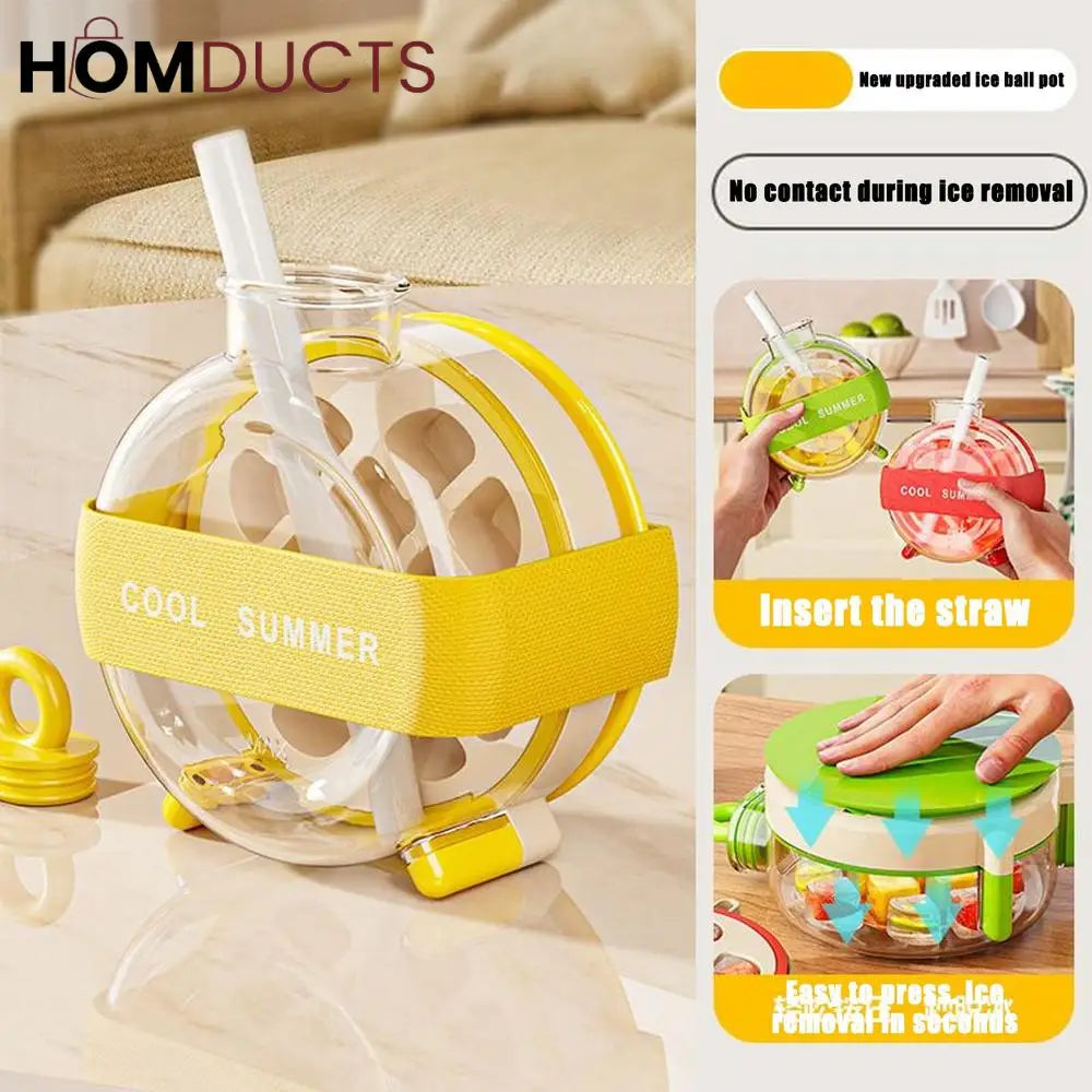 Round Beverage Dispenser & Ice Cube Maker Set β Cool Summer Portable Juice Jug with Handle Straw & Manual Ice Press Lid