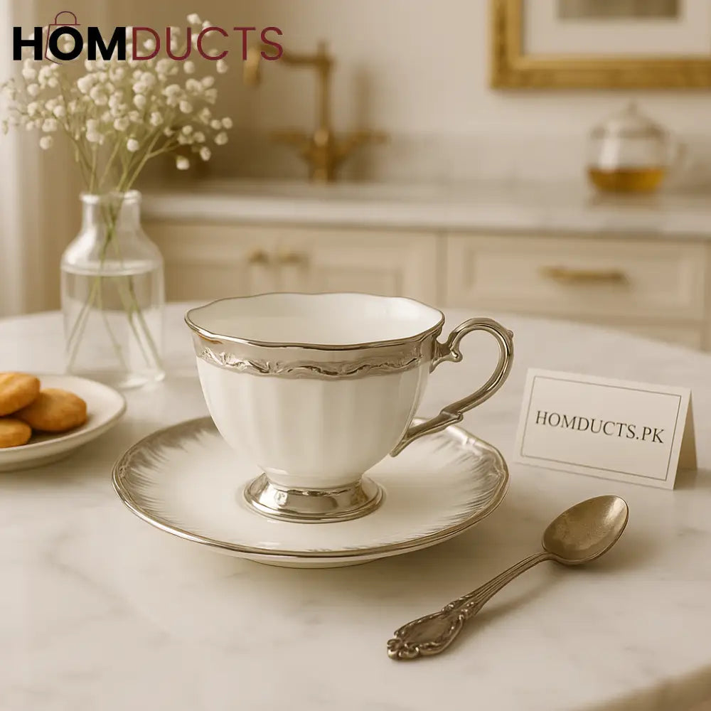 Royal Crest 12-Piece Teacup & Saucer Set – Silver-Rimmed White Porcelain (6 Cups + 6 Saucers)