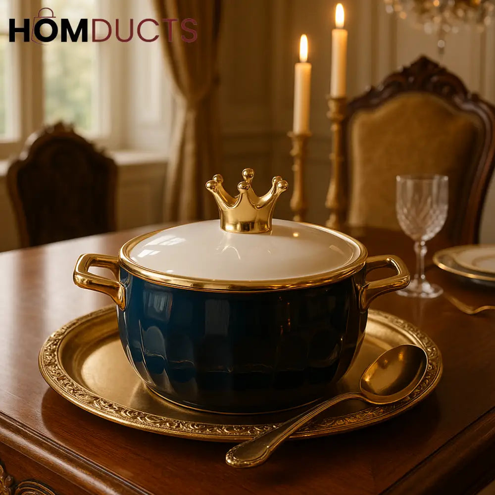 Royal Crown Ceramic Casserole – Navy Blue with Gold Lid Handle (1pc)