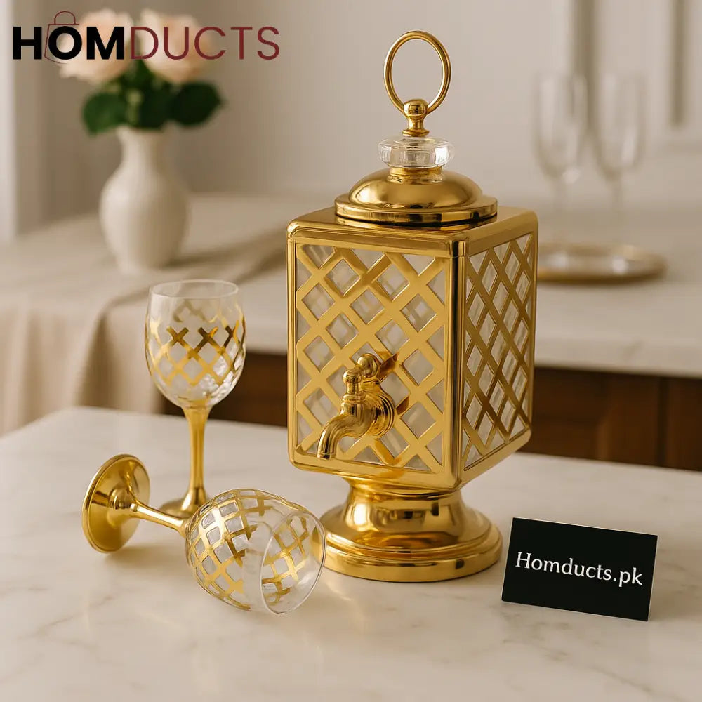 Royal Luxe Gold Crystal Beverage Dispenser Set – 7 Piece Premium Décor (1 Dispenser + 6 Glasses)