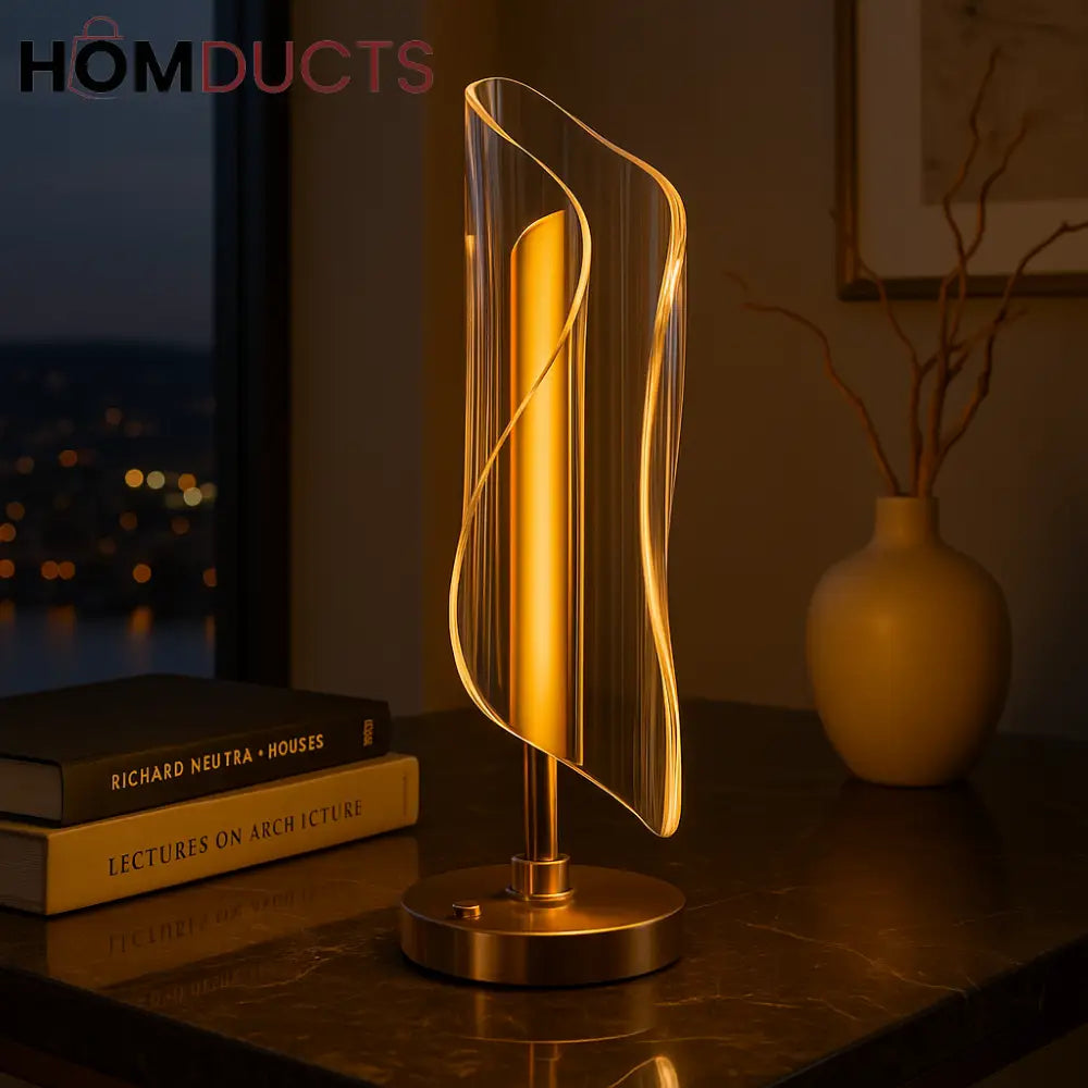 Sculptural LED Wave Lamp – Modern Acrylic Light with Gold Cor