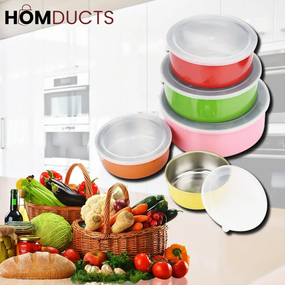 Set of 5 Multicolor Stainless Steel Food Storage Bowls with Airtight Lids – Stackable Kitchen Containers