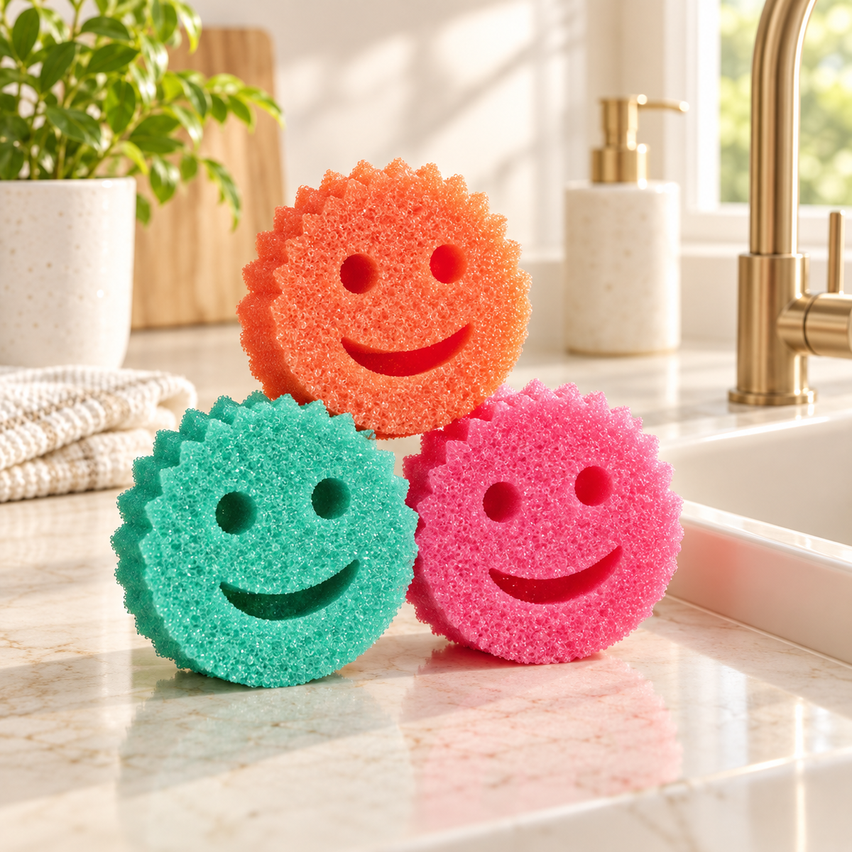 Three-pack colorful smile-face cleaning sponges