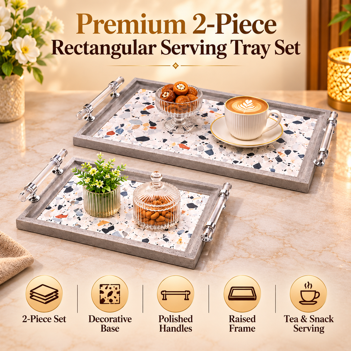 Premium Silver Decorative Rectangular Serving Tray Set – 2 Piece features and details