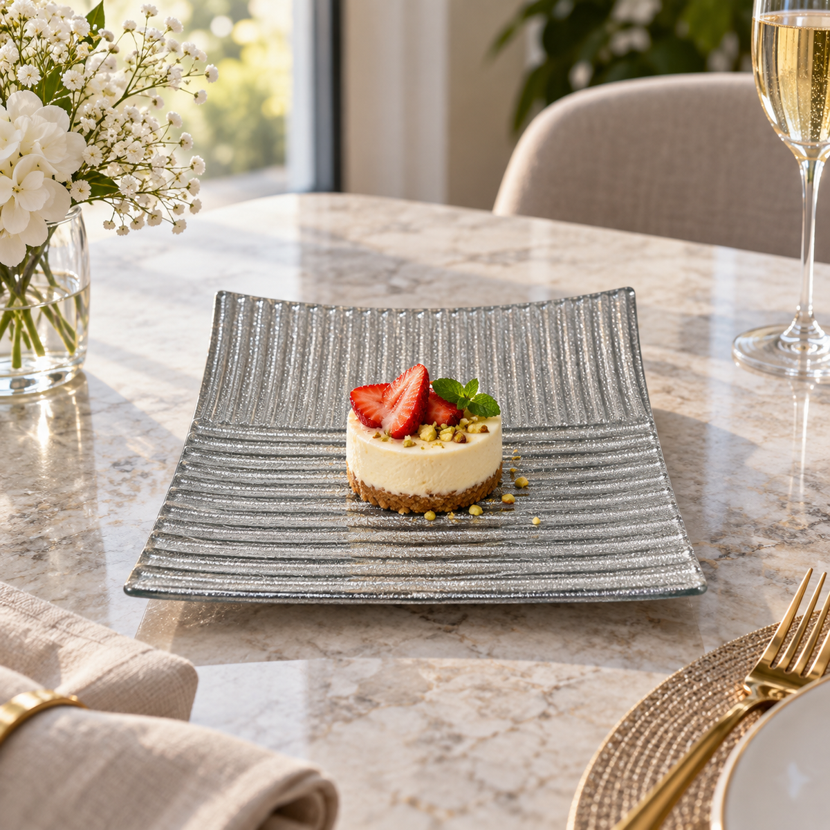Silver Textured Square Serving Plate – Ribbed Decorative Dessert Dish