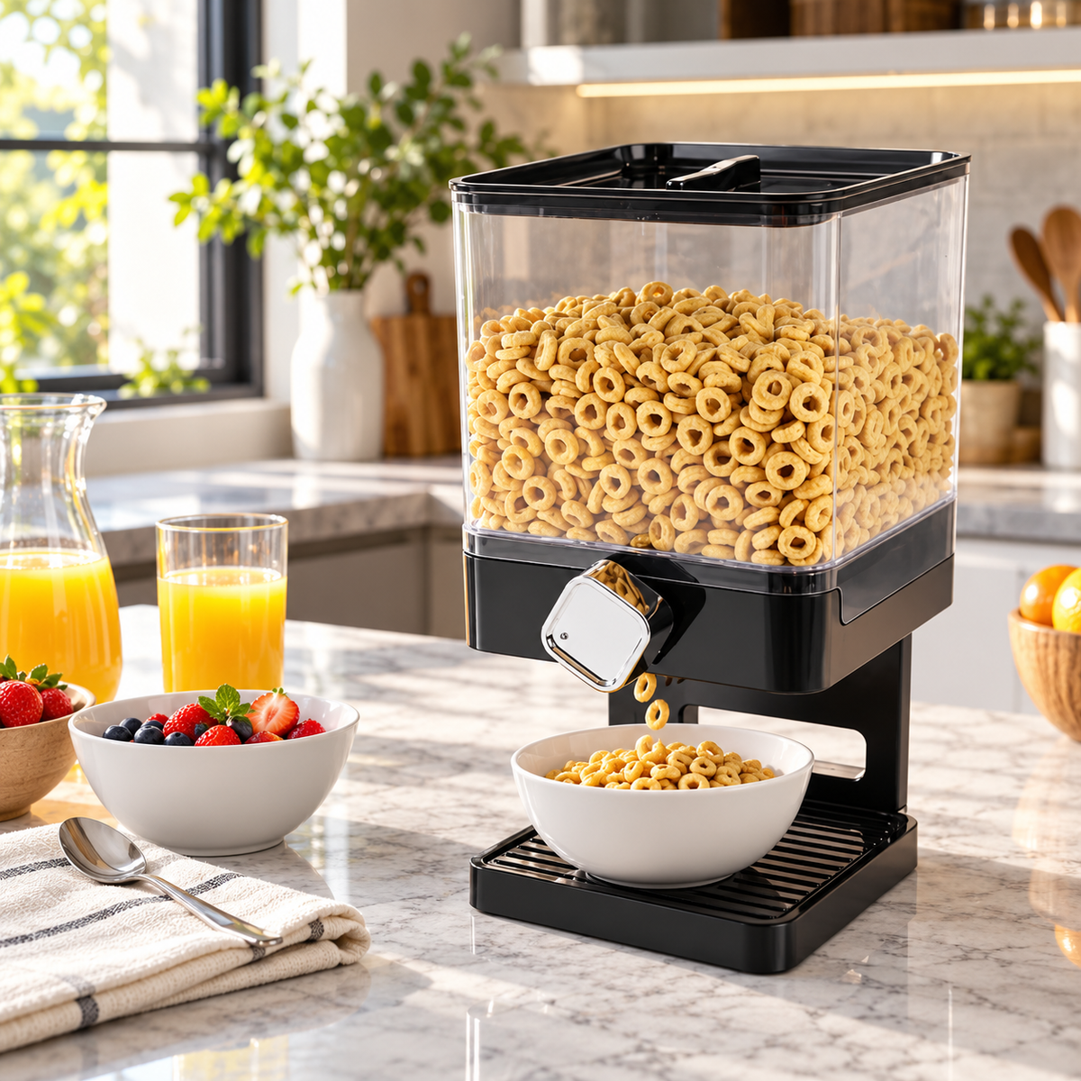 Single countertop cereal dispenser with portion control knob