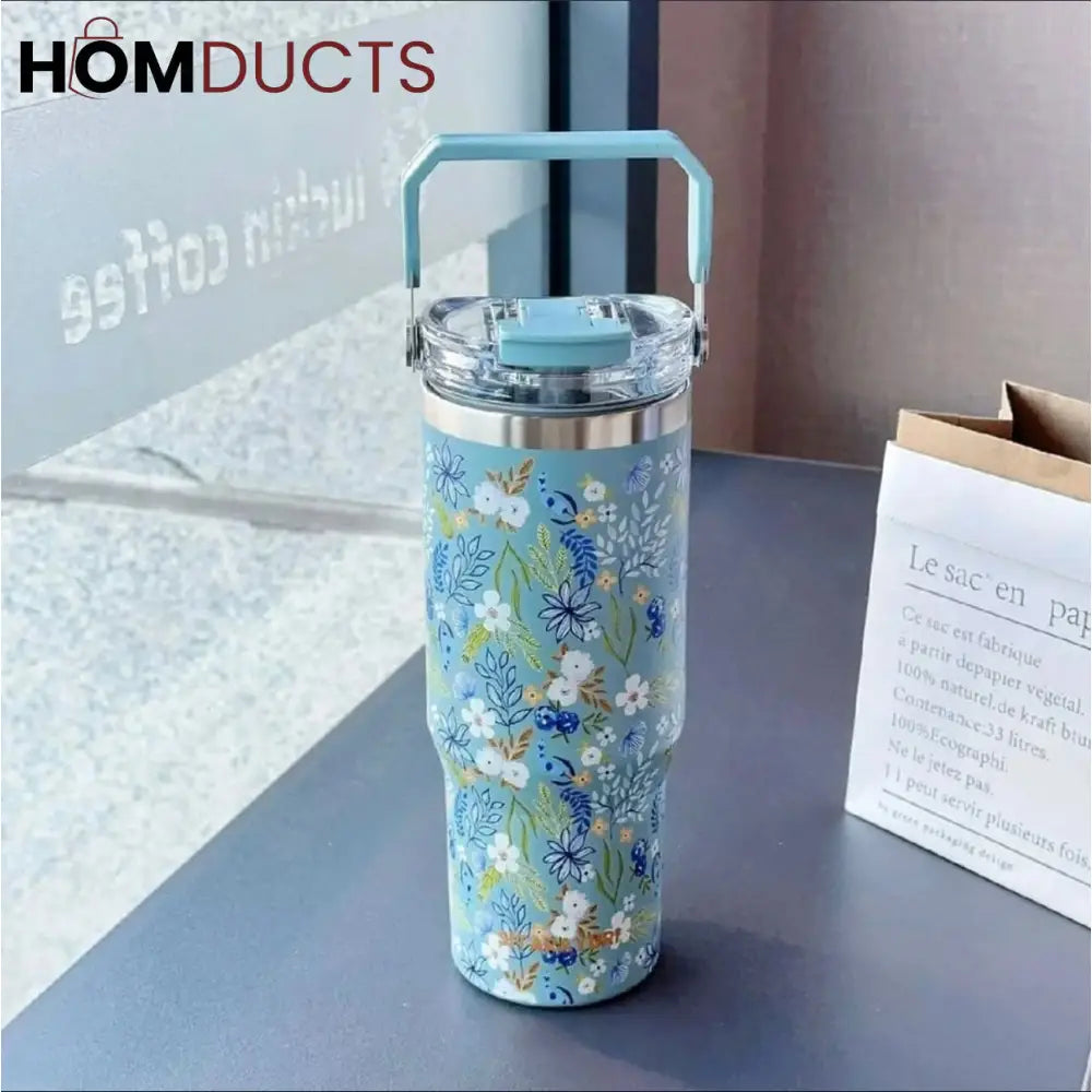Sitarayuri Floral Sky Blue Insulated Tumbler with Handle – 40oz