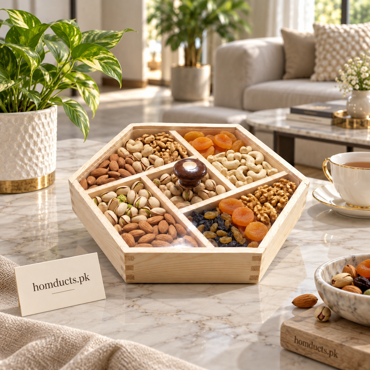 Small Hexagonal Wooden Dry Fruit Tray with Acrylic Lid
