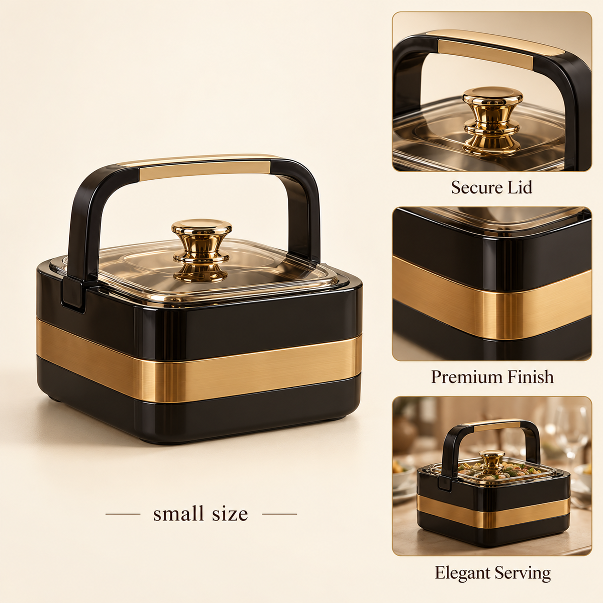 Compact Insulated Hot Pot – Black & Gold features and capacity details