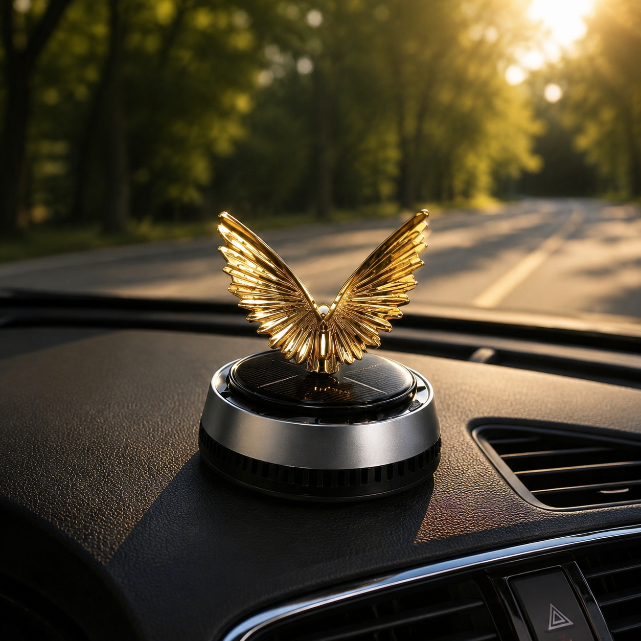 Solar-powered butterfly car aroma diffuser on a luxury dashboard