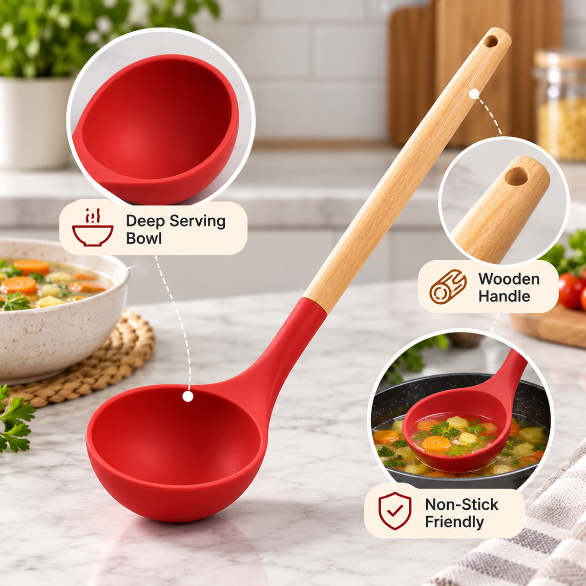 Silicone soup ladle material and serving features