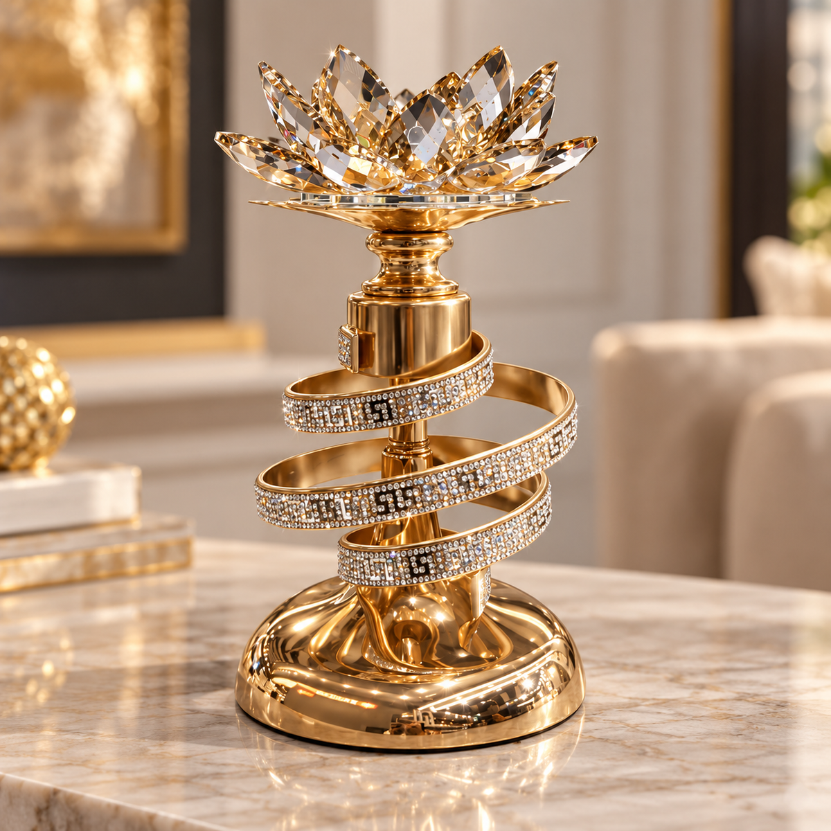 Gold spiral crystal lotus candle holder