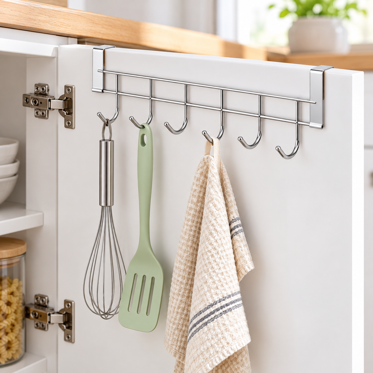 Stainless steel over cabinet door hanger with five hooks