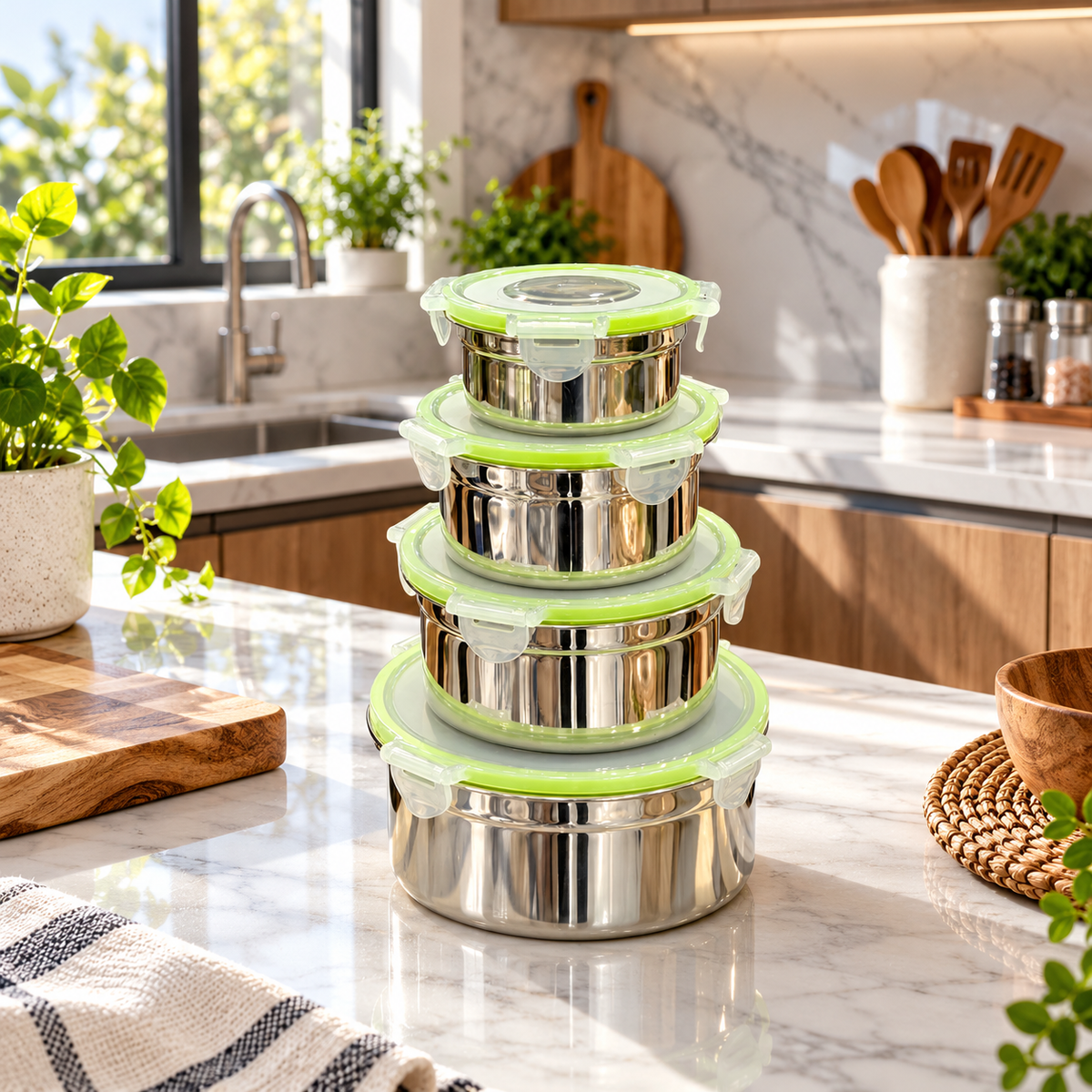 Four piece stainless steel food container set with green locking lids