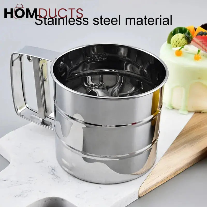 Stainless steel flour sifter with an open top and side handle