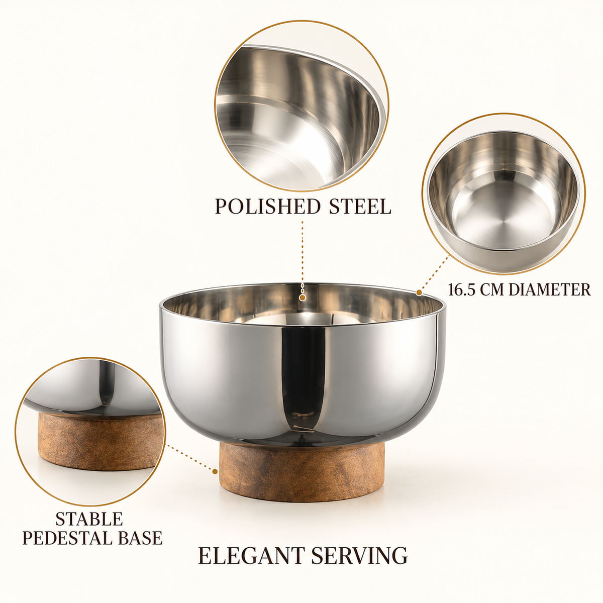 Stainless steel pedestal serving bowl material and size details