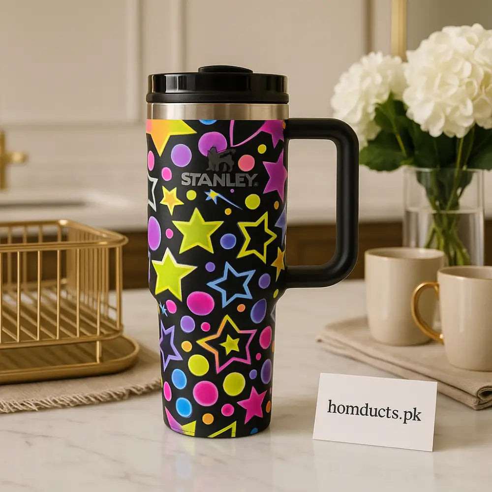 Stanley Neon Stars Insulated Travel Mug – Premium Stainless Steel Tumbler with Handle