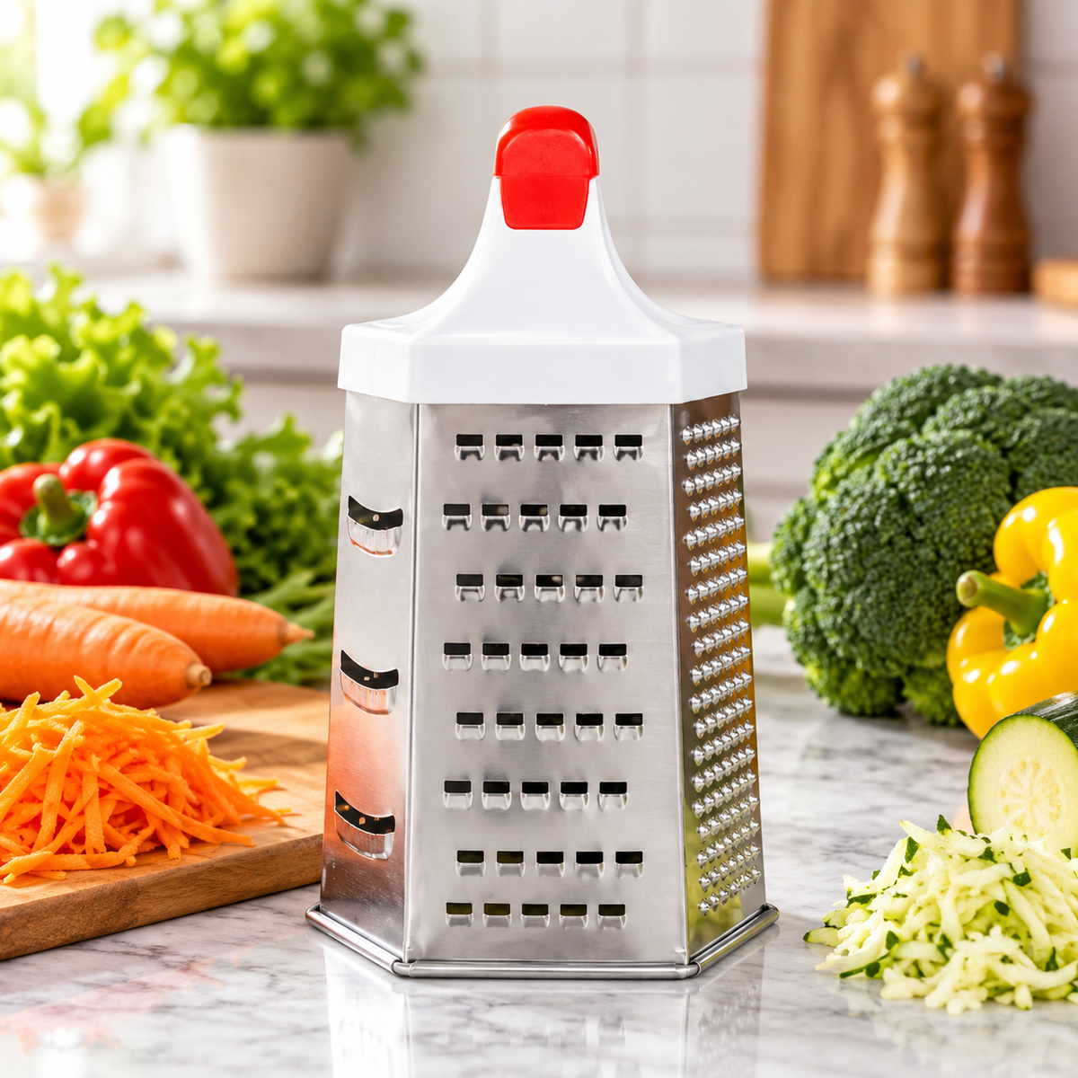 Six-sided stainless steel box grater