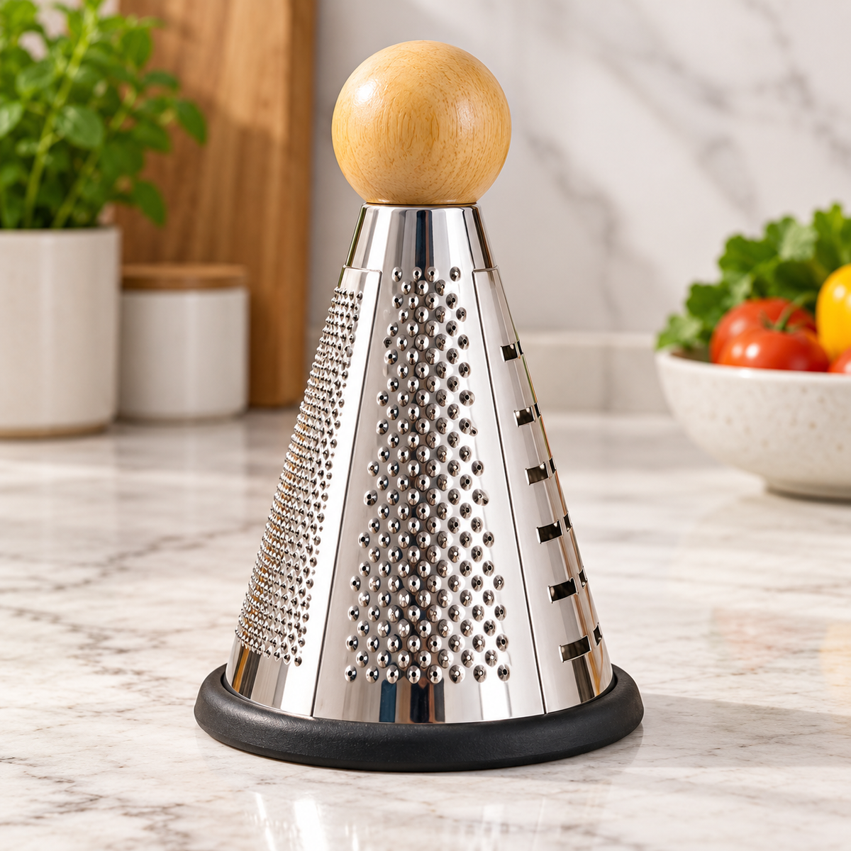 Three-sided cone grater with round wooden handle