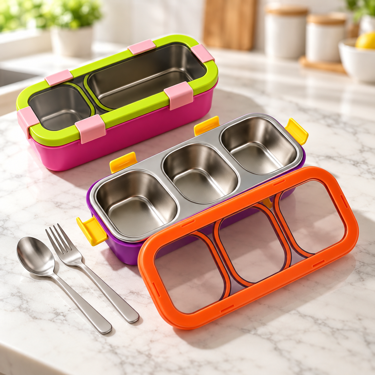 SUS 304 stainless steel three-compartment lunch box with spoon and fork