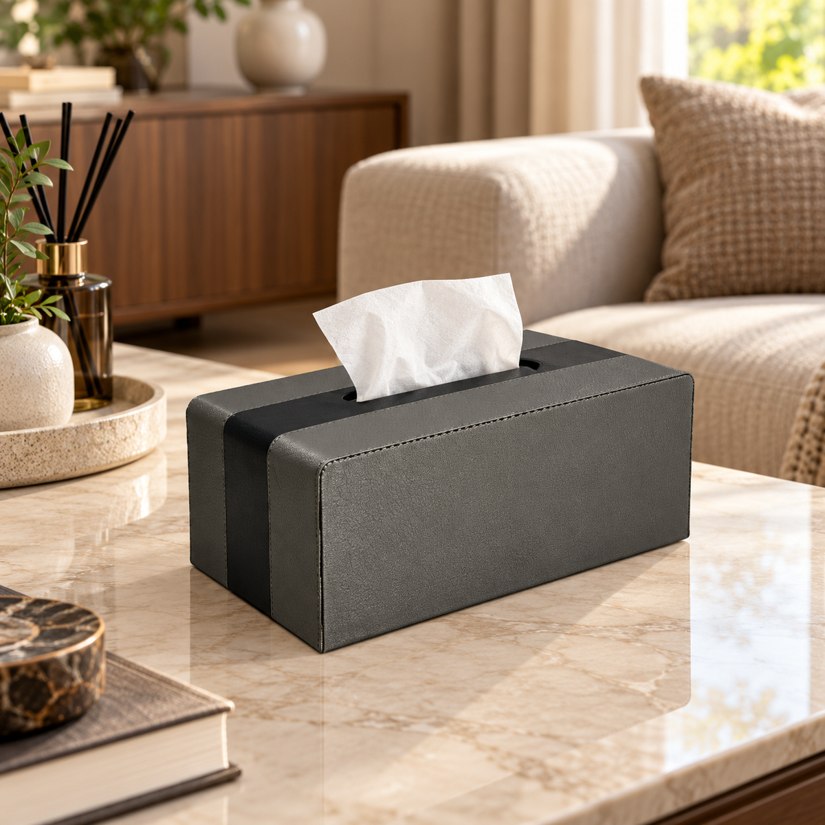 Contrast-Band Premium Tissue Box Cover in a premium home setting