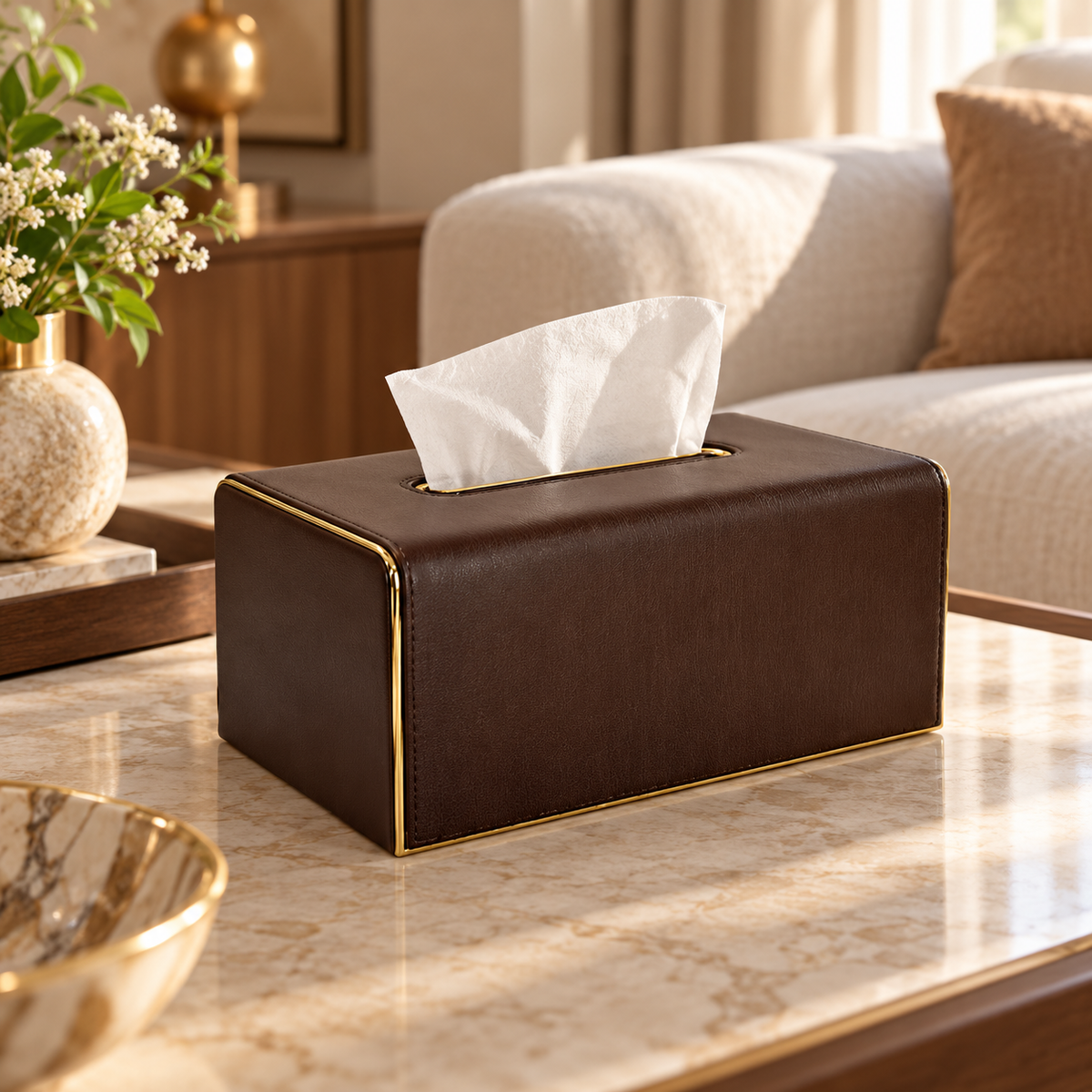 Metallic-Edge Luxury Tissue Box Cover in a premium home setting