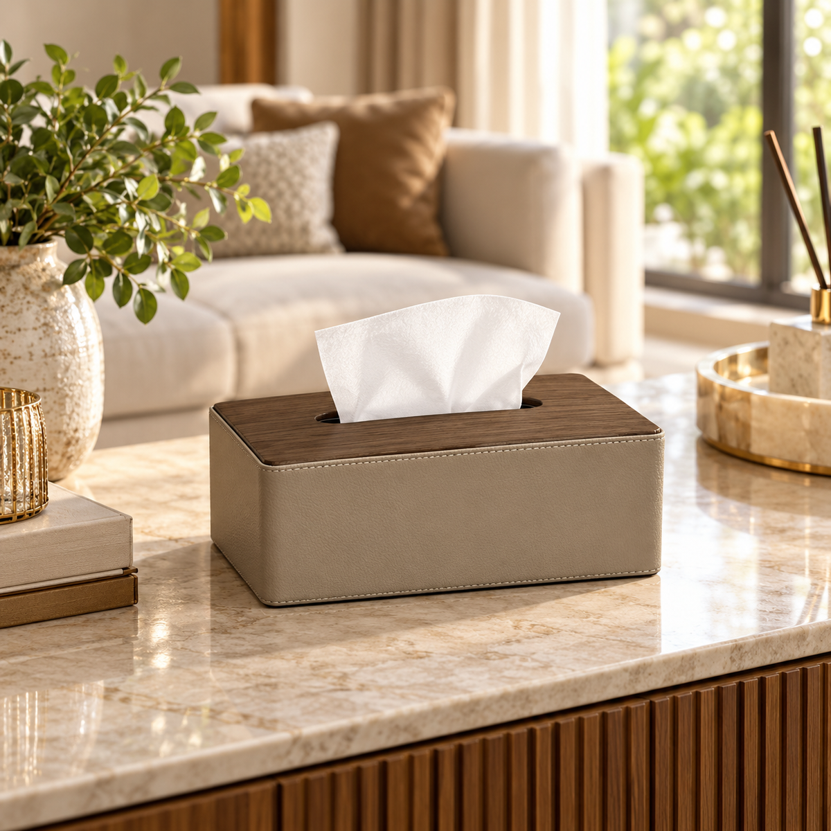 Two-Tone Compact Tissue Box Cover styled in a premium home interior