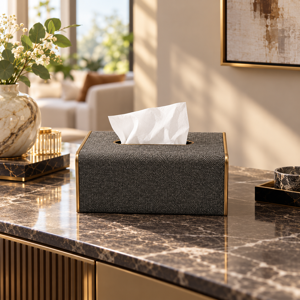Crosshatch Premium Tissue Box Cover styled in a premium home interior