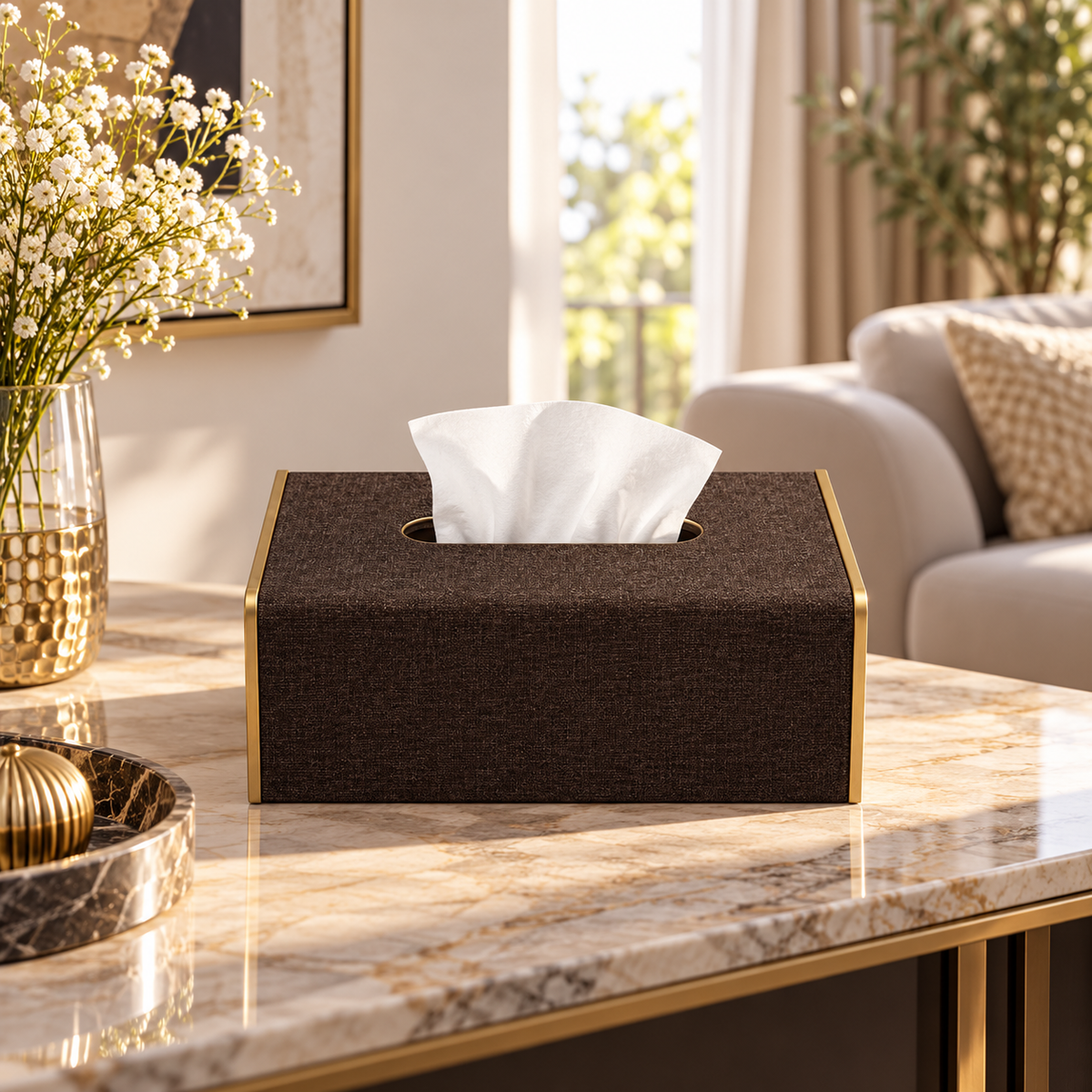 Embossed Texture Tissue Box Cover styled in a premium home interior